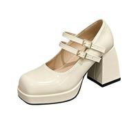 Chaussures Mary Janes à plateforme pour femme avec bout rond et talons blocs Brides à boucle, Escarpins plateformes en cuir verni, chaussures de fête, chaussures de fête, chaussures tendance, O blanc