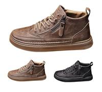 Chaussures montantes en cuir pour homme - Chaussures de planche décontractées pour homme - Chaussures plates durables - Baskets de randonnée légères avec fermeture éclair latérale - Baskets cargo