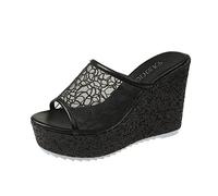 Chaussures Orthopédiques Femme Claquettes Mesdames Été Couleur Unie Paillettes Bout Ouvert Talon Compensé Semelle Épaisse Sandales Sandals Reflexologie Chaussure a Talon Femme (Black 38)