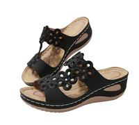 Chaussures orthopédiques pour femme - Coupe large - Sandales compensées en cuir avec broderie florale - Sandales correctrices d'oignon - Sandales à enfiler à bout ouvert - Mules d'été confortables