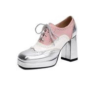 Chaussures Oxford Plateforme de Bloc de Couleur pour Femmes, Pompes Brogue à Pointe d'aile avec Talon Gros de 9,5 cm et Plateforme de 1,8 cm,Argent,38