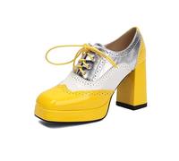 Chaussures Oxford Plateforme de Bloc de Couleur pour Femmes, Pompes Brogue à Pointe d'aile avec Talon Gros de 9,5 cm et Plateforme de 1,8 cm,Jaune,34