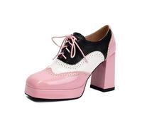 Chaussures Oxford Plateforme de Bloc de Couleur pour Femmes, Pompes Brogue à Pointe d'aile avec Talon Gros de 9,5 cm et Plateforme de 1,8 cm,Rose,42