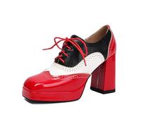Chaussures Oxford Plateforme de Bloc de Couleur pour Femmes, Pompes Brogue à Pointe d'aile avec Talon Gros de 9,5 cm et Plateforme de 1,8 cm,Rouge,39