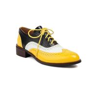 Chaussures Oxford Richelieu à Bout Golf colorées pour Femmes, en Cuir Verni Bicolore, à Lacets, à Petit Talon perforé, idéales pour Le Travail et Les Occasions décontractées.,Jaune,35