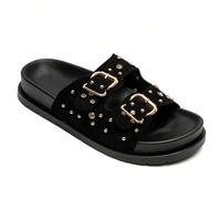 Chaussures plates à enfiler avec sangle à rivets et boucle réglable pour femmes CaractéristiquesStyle : Mule à bout ouvert, deux mariées avantDessus : Suédine ornée de clous décoratifsFermentation : B