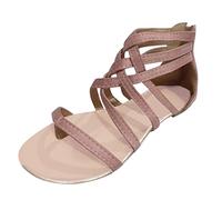 Chaussures plates confortables pour femme - Sandales de gladiateur à lanières croisées - Talons bas - Fermeture éclair dans le dos - Sandales à bout ouvert - Antidérapantes, rose, 38 EU