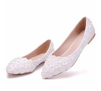 Chaussures Plates De Mariage, Escarpins en Dentelle Blanche De Mariée, Chaussures Décontractées, Chaussures De Ballerine, Chaussures De Mariage Imitation,Blanc,42 EU