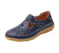 Chaussures plates découpées en similicuir pour femme avec sangle auto-agrippante - Sandales de marche légères et décontractées - Confortables - Vacances d'été, bleu, 39 EU