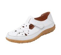 Chaussures plates découpées en similicuir pour femme avec sangle auto-agrippante - Sandales de marche légères et décontractées - Confortables - Vacances d'été, blanc, 40.5 EU