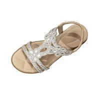 Chaussures sans lacets pour femme - Sandales avec sangle élastique à la cheville - Décontractées - Bohème - Chaussures de plage pour femme - Talon compensé - Sandales fermées, beige, 35 EU