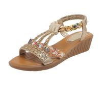 chaussures scholl femme été - Sandales compensées femme été, chaussures ouvertes à bout ouvert avec strass, bride élastique,style bohème décontracté, semelle plateforme confortable, grandes pointures