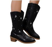 Chaussures Talon Large Pour Femme Vintage - Botte Cowboy Pour Femme Mi Mollet Cuir Grande Taille Bottes Cuir Confortables Chaussures Décontracté Boots Longues Fashion