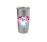 Chauve-souris d'Halloween fantôme mignon sur cœur rose automne Gobelet isotherme en acier inoxydable double paroi