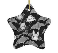 Chauve-souris d'Halloween grises - Décorations de Noël en céramique imprimées en forme d'étoile - Décoration de vacances en céramique faite à la main avec ficelle dorée pour sapin de maison, festival.