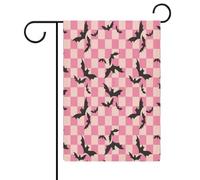 Chauves-souris dansantes Halloween Drapeaux de jardin à carreaux roses Drapeau double face Drapeaux de vacances pour décoration extérieure 12,6 x 18,5 pouces