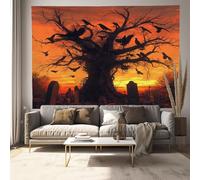 Chauves-Souris Du Cimetière Tapisserie, Corbeaux Noirs Des Arbres Morts Tapisserie Murales, Décor Rectangulaire Imprimer Tissu Pour Halloween Les Décorations De Fête 230x180cm, Orange