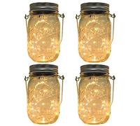 CHBKT Lot de 4 lampes solaires en forme de bocal Mason (bocal poignée incluse), 20 ampoules à suspendre, lanterne solaire de jardin, lampe solaire, lampe de table, éclairage de chemin, lumière