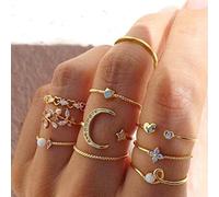 CHCWR Anneau d'étoile et de lune Diamond Love Perle Feuille de 10 pièces Ring Creative Retro Retro Female Joint Ring pour les femmes et les filles