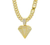 CHCWR Collier de diamant pour hommes Collier de pendentif de forme de diamant de luxe, chaîne cubaine plaquée or avec strass Crystal Accessoires de rap Longueur de chaîne 23,62 pouces