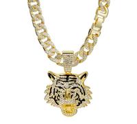 CHCWR Collier Titane en acier en or plaqué plein diamant Tiger Tiger Pendant Collier cubain Men et femmes Collier incrusté de diamants cubains