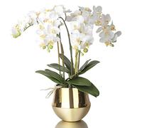CHCWR Orchidées artificielles à 4 têtes avec vase en céramique doré - Ensemble de fleurs artificielles phalaenopsis pour salon, table à manger, centre de table, bureau, décoration de fête de mariage