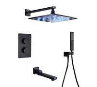 CHCWR Pluie LED thermostatique Black Rain Bower Douche Set Mur Wall Bathroom Down Fauce de Douche avec Pomme de Douche, Douche à Main, Bec de Baignoire pivotante, boîtes intégrées, Pommes de Douche