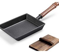 CHCWR Tamagoyaki omelette poêle mini poêle à frire en fonte rectangle poêle japonaise avec poignée en bois, non revêtu, petit-déjeuner rapide tamagoyaki, poêle à frire noire vision