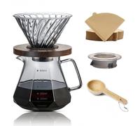 CHDEXU Ensemble de cafetière à bec verseur de 600 ml en verre borosilicate avec couvercle en verre, 50 filtres en papier, poignée en noyer pour café, restaurant, gris