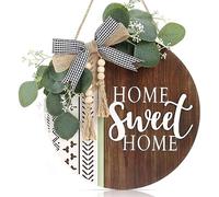 CHDITB Panneau de bienvenue 3D en bois pour porte d'entrée, porche, décoration de porte d'entrée, panneau mural bohème bohème à suspendre, panneau mural aztèque avec feuilles artificielles et perles