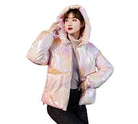 CHDWEY doudoune femme visage clair coloré holographique lavage d'hiver gratuit doudoune en coton à capuche court laser épais manteau de pain chaud (Pink,L)