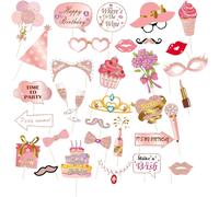 Checarzhn--No1-33 Pièces Accessoires De Cabine Photo En Or Rose, Accessoires Photo Danniversaire, Accessoires De Selfie Photobooth Anniversaire, Kit Décorations De Fête Danniversaire Pour Fille Et Fe
