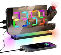 CHECARZHN--NO1-Ae24Black Réveil Numérique À Projection Radio Fm Miroir Rvb Affichage Coloré 6 Niveaux De Luminosité Chargeur Usb Fonction Snooze Projection Rotative À 180°