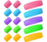 Checarzhn--No1-Ensemble Bandeau Et Serre-Poignets, 15pcs Bandeaux Sport Fluo, 5pcs Bandeau Sport Et 5 Paires Serre Poignet Fluo, Bandeau Année 80 Et 90 Rétro Pour Carnaval Soirée(5 Couleurs) Multicol