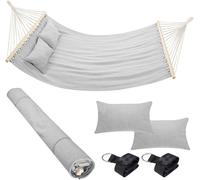 CHECARZHN--NO1-Hamac De Jardin Double 2 Places 232 X 148 Cm Barres Transversales En Bois Revêtement En Polycoton Avec 2 Coussins Et Sangles Design Moderne Pour Jardin Terre Camping (Gris Clair)