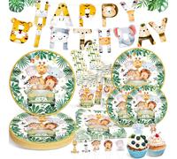 Checarzhn--No1-Jungle Safari Thème Vaisselle,134 Pièces Vaisselles Jetables En Papier Avec Bannière D'anniversaire D'animaux,Assiettes En Papier, Serviettes,Assiettes Jetables Pour Baby Shower Pour 2