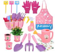 CHECARZHN--NO1-Kit Jardinage Enfant, Outils Jardinage Enfant, Outils De Jardin Inclus Pelle, Rateau,Tablier, Arrosoir, Gant, Autocollants Diy, Kit De Jardinage Pour Garçons Et Filles¿Rose¿