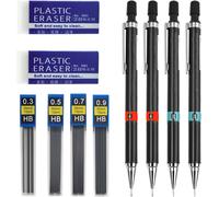 Checarzhn--No1-Lot De 4 Porte-Mines De 0,3, 0,5, 0,7, 0,9 Mm, Avec Recharge Automatique De Mine, Gomme Rectangulaire, Crayons De Charpentier Pour L'écriture, Le Croquage, Le Dessin