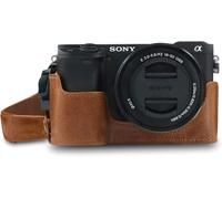 Checarzhn--No1-Mg1642 Ever Ready Demi Étui En Cuir Véritable Avec Bandoulière Compatible Avec Alpha A6100, A6400 - Marron