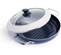 Checarzhn--No1-Poêle À Griller Antiadhésive En Céramique Infusée Aux Diamants De 28 Cm Avec Couvercle En Verre, Sans Pfas, Grillade, Bbq, Va Au Four, Bleu