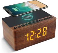 CHECARZHN--NO1-Radio Réveil Numérique En Bois Avec Radio Fm,Station De Charge Sans Fil Rapide Pour Iphone/Samsung Galaxy,Alarm Clock Et Affichage Led,Variateur À 5 Niveaux,Port Usb,Minuterie De Somme