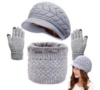 CheChruy Femme Tricoté Béret Écharpe à Boucle Gants 3 Pièces Ensemble Chaud Cache-Cou de Doublure Polaire et Bonnet Tricot Hiver Chapeau-A-Grau-Taille unique