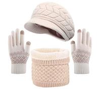 CheChruy Femme Tricoté Béret Écharpe à Boucle Gants à Écran Tactile 3 Pièces Hiver Ensemble Tricot Chapeau Chaud Cache-Cou de Doublure Polaire et Bonnet-B-Beige-Taille unique
