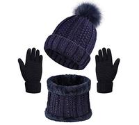 CheChury Bufanda Gorro Guantes de Punto Calentar Invierno Regalos para Hombre Mujer Unisexo Bufanda Conjunto Guantes Sombrero de Invierno Gorras con Bufanda Mitón Regalos-Marine-Taille unique