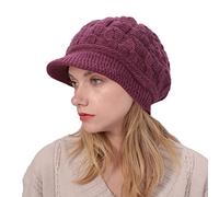CheChury Casquettes Femme Béret Hiver Chapeau d'hiver Bonnet Tricoté Chaud en Laine Chapeau de Cran de Ski de Neige avec Visière Classique Élégant,Violet
