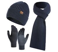 CheChury Chapeau Gants Écharpe Ensemble pour Homme Doux Chaud Bonnet Tricoté Bonnet Long Écharpe 3 en 1 Hiver Épais Ensemble,Bleu,Taille unique