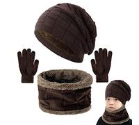 CheChury Enfants Bonnet Chapeau Tricot, Chauffant Bonnet Tricot Écharpe avec Gants de Doublure Polaire Épais Tour pour Garçons Filles, Sports (Café-1, Taille unique)
