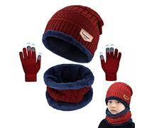 CheChury Enfants Bonnet Chapeau Tricot, Chauffant Bonnet Tricot Écharpe avec Gants de Doublure Polaire Épais Tour pour Garçons Filles, Sports,Taille unique,Rouge