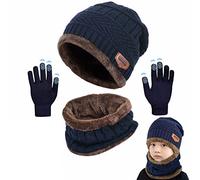 CheChury Enfants Bonnet Chapeau Tricot, Chauffant Bonnet Tricot Écharpe avec Gants de Doublure Polaire Épais Tour pour Garçons Filles, Sports,Taille unique,Bleu