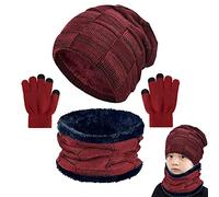 CheChury Enfants Bonnet Chapeau Tricot, Chauffant Bonnet Tricot Écharpe avec Gants de Doublure Polaire Épais Tour pour Garçons Filles, Sports (Vin-1, Taille unique)